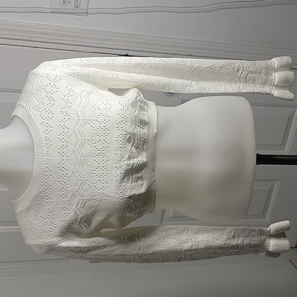 White Y2K  Knit Cropped Ribbed Trim Ruffle Long Sleeve SIZE M